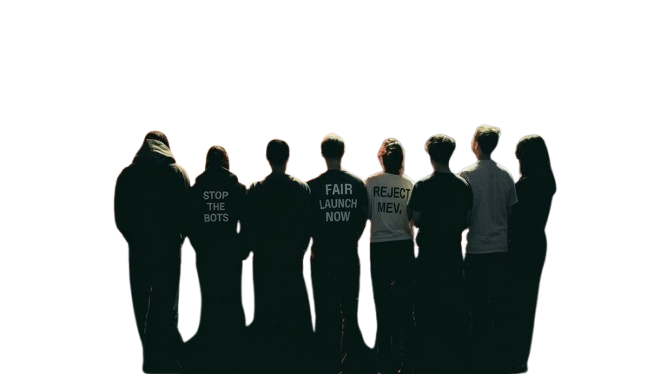 A row of ambassadors wearing shirts that read STOP THE BOTS, FAIR LAUNCH NOW, REJECT MEV